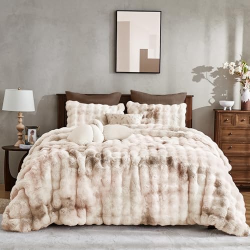 Wonderful - 3 Pieces Faux Rabbit Fur Comforter Set King Size, Beige