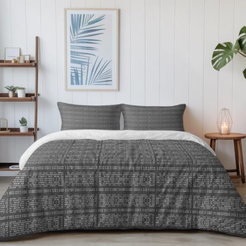 Full Duvet Cover Set 4 Piece, Gradient Gray Boho Geometric Soft
