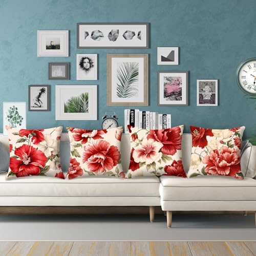 Vintage Chinoiserie Red Floral Throw Pillow Covers 18x18 in Set 4