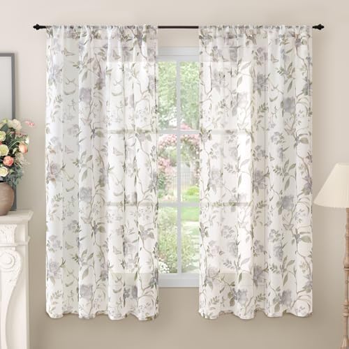 Lajode Grey Floral Sheer Curtains for Nursery Room - 52x63 Inch 2