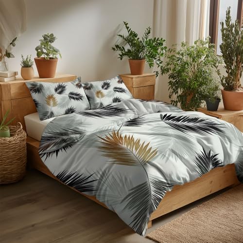King Duvet Cover Set Minimalist Palm Leaves Soft Microfiber Reversible