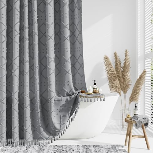 Dynamene Boho Farmhouse Fabric Shower Curtain Tufted Geometric 72x72