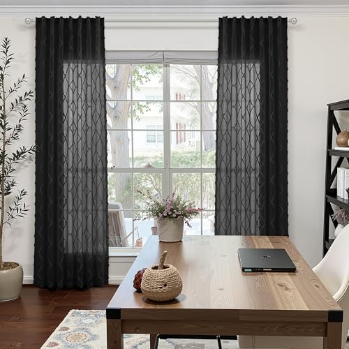 Black Sheer Curtains 96 Inches Long for Living Room 2 Panels Back Tab
