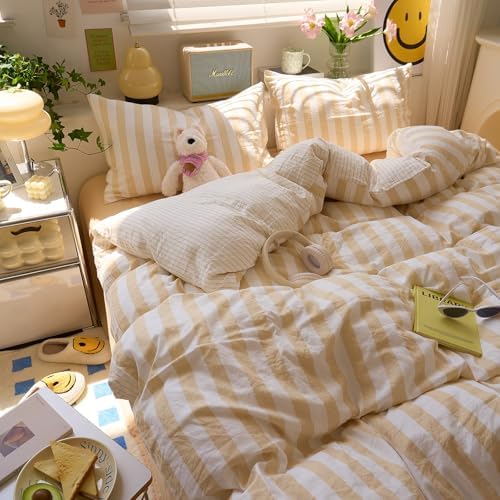 LifeTB Vintage Striped Duvet Cover Set King Size, 3 Pieces Blush Beige