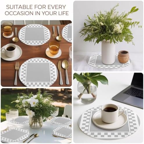 Minimalist Checkered Faux Leather Placemats Set of 6, 15in, Waterproof