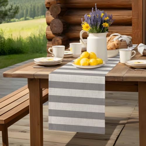 Gray Stripes Linen Table Runner 72 Inches Long, Minimalist Rustic