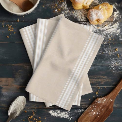 Cream Striped Kitchen Towels Set of 3, Water Absorbent Dish Towel
