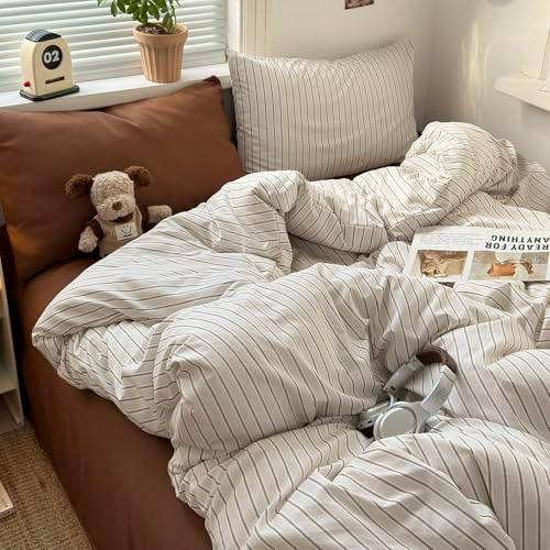 Vintage Striped Duvet Cover King, 3-Piece Beige & Brown Stripes