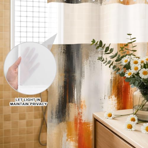Extra Long No Hook Shower Curtain Bathroom Decor Orange Beige Gray