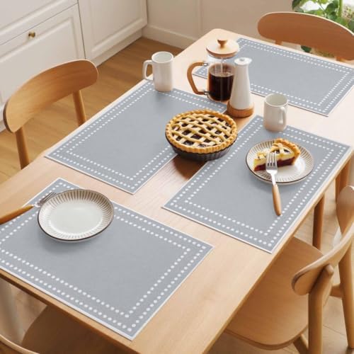 Gray Placemats Set of 8, Winter Minimalist Dotted Borders Square