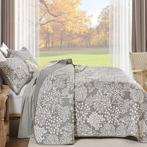 WONGS BEDDING Gray Quilt Set King Size, Botanical Print Bedspread