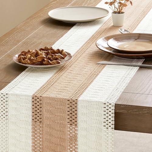 ZeeMart Macrame Style Bicolor Stitching Table Runner 14x36in Beige