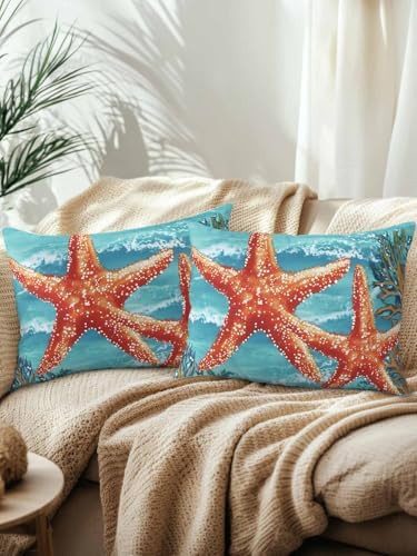 12x20 Outdoor Pillows Set of 2, Coastal Starfish Waterproof Throw