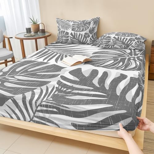 Twin XL Sheet Set Grey Palm Leaves Bed Sheets Set with 16 Inch Deep