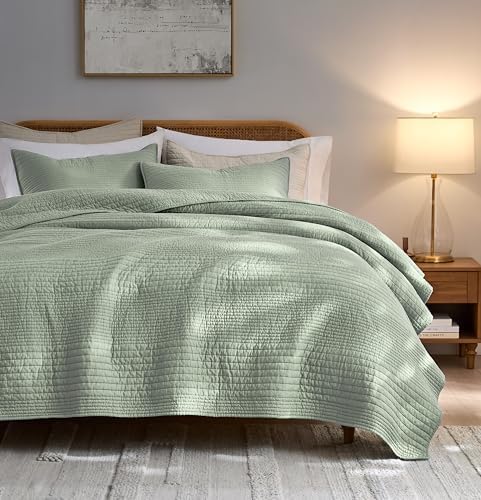 palassio 100% Cotton Striped Channel Quilt Set King Size, Sage Green