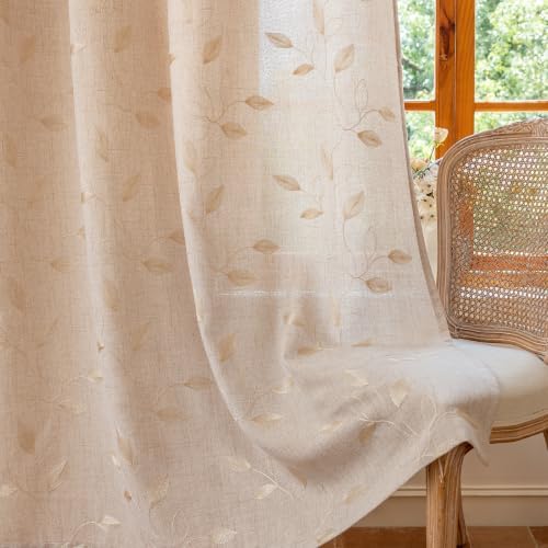 AmHoo 2 Panels Embroidered Leaf Faux Linen Curtains 170GSM Light