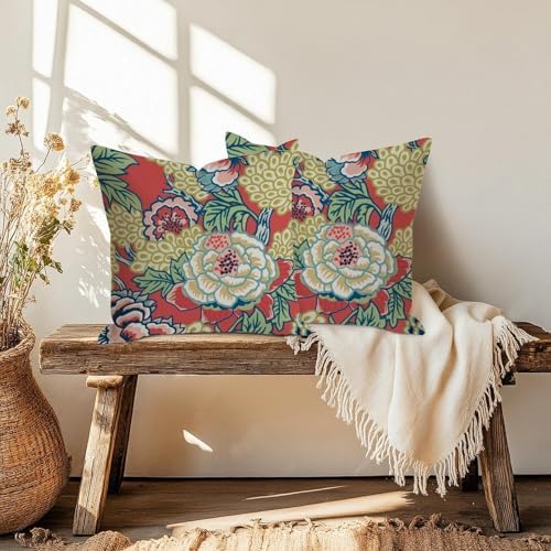 Chinoiserie Red Peony Floral Pillow Covers Set of 2, Cozy Peony