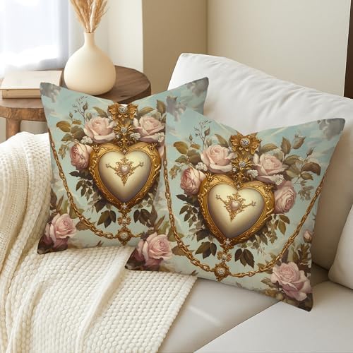 Vintage Floral Heart Throw Pillow Covers Set of 2, Cream and Gold