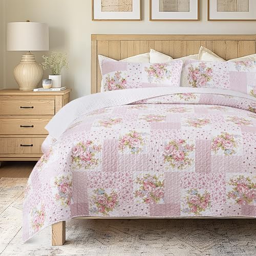 Soul & Lane - Pink Floral Patchwork Cotton Quilt Set, King with 2