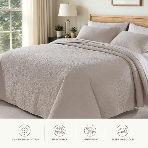 GOONE 100% Cotton Quilt King Size Bedding Quilt Sets 108x98 in, Light