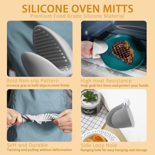 Silicone Oven Mitts and Pot Holders Sets, Hot Pads Kitchen, Black