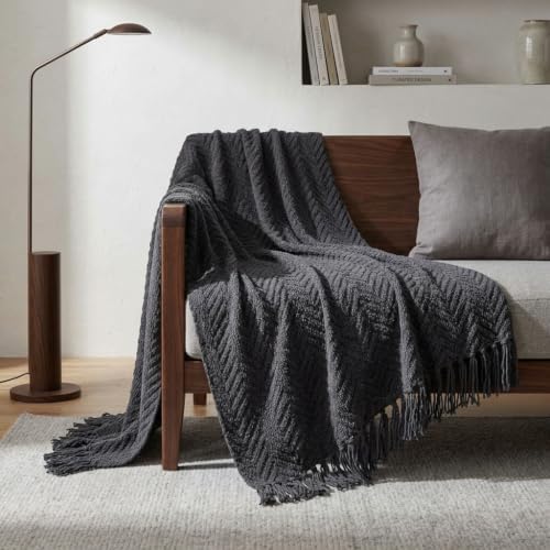 Knit Throw Blanket for Couch, 50 x 60 Inch Charcoal Grey Textured