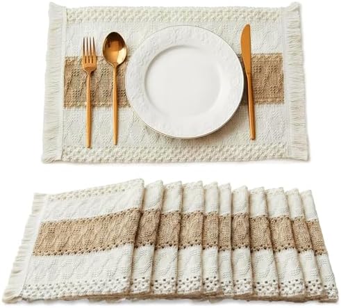 Garvee Boho Crochet Tassel Placemats Set of 12, Linen-Cotton Macrame