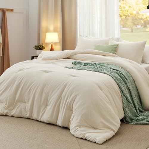 Bedsure Oversized Queen Comforter Prewashed Bedding Set 3Pcs Cream