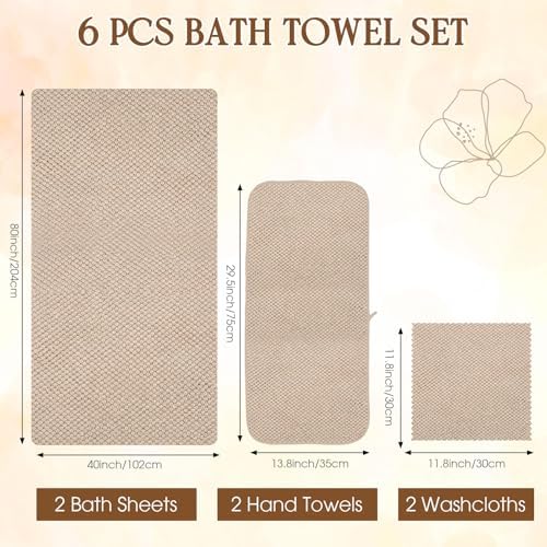 Peryiter 6 Pcs Oversized Bath Towels Set for Adult, Microfiber, Khaki