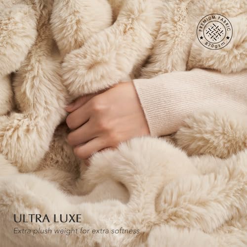 EverGrace Faux Rabbit Fur Bubble Throw Blanket, 60"x80", Cream