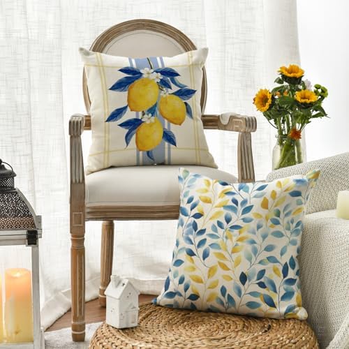 AVOIN colorlife Summer Lemon Leaves Plaid Throw Pillow Covers
