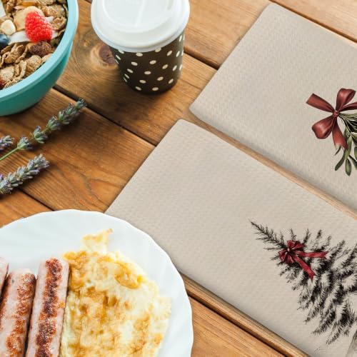 Vintage Beige Christmas Tree Mistletoe Kitchen Towels, 16"x24"