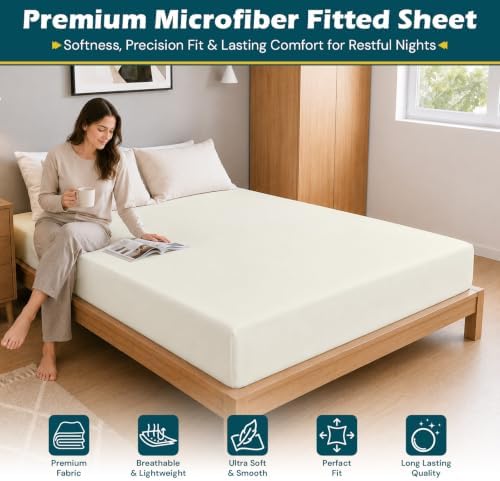 Full Size Fitted Sheet Soft Microfiber 15 Inch Deep Pocket, Ivory