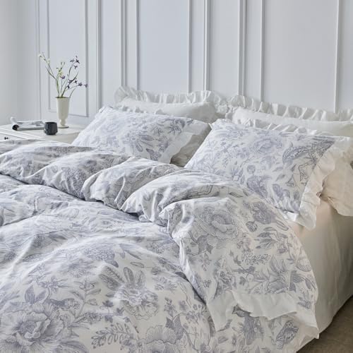 SUSYBAO Blue White Floral Duvet Cover King 100% Cotton 3 Pcs Set 1