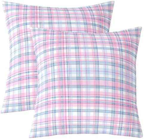 Manfei Gingham Plaid Kids Throw Pillow Cover, Blue Pink, 16"x16"