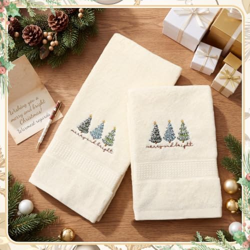Tudomro 2 Pcs Cream Christmas Hand Towels Embroidered Christmas Trees