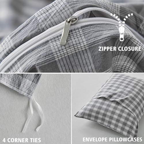 DuShow Washed Cotton Gingham Duvet Cover Queen Gray Plaid Checkered