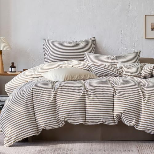 JELLYMONI 100% Cotton Printed Striped Cal King Duvet Cover Set, Tan