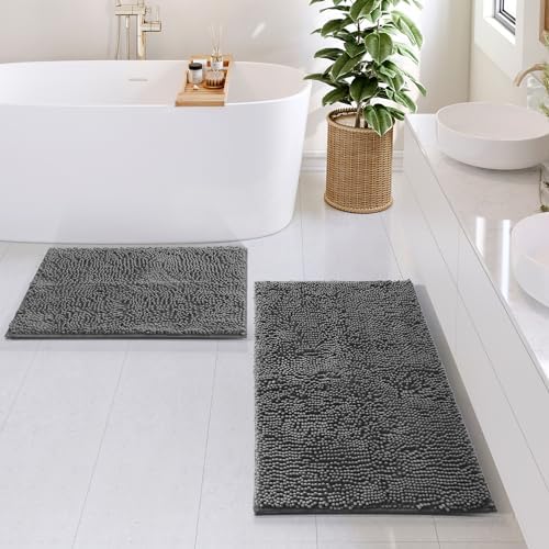 Hearth & Harbor Bathroom Rug Set, 2 Piece Chenille - Grey, Quick Dry