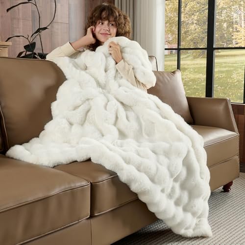 Lotus Karen Faux Fur Blanket - Cream White Twin Size, Big Bubble