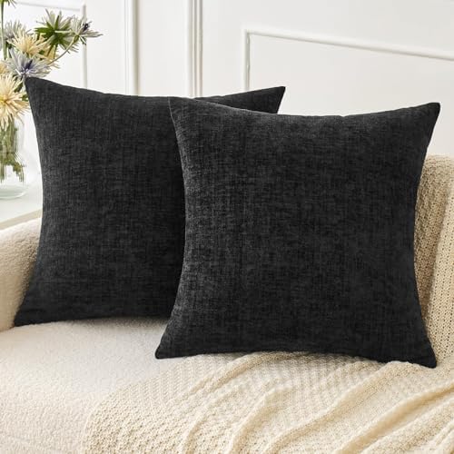 MIULEE Soft Chenille Throw Pillow Covers Black 18x18 Inch Pack of 2
