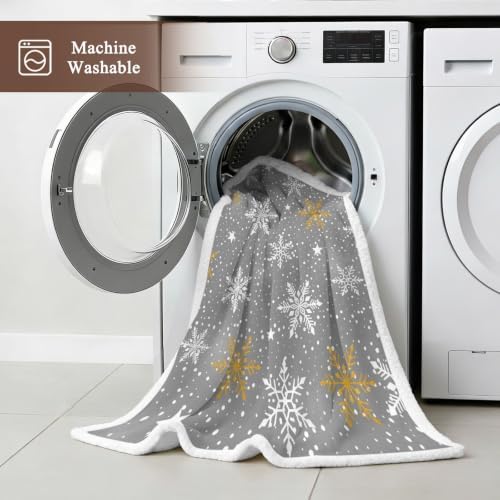 Christmas Snowflake Sherpa Fleece Blanket Grey Winter Yellow White