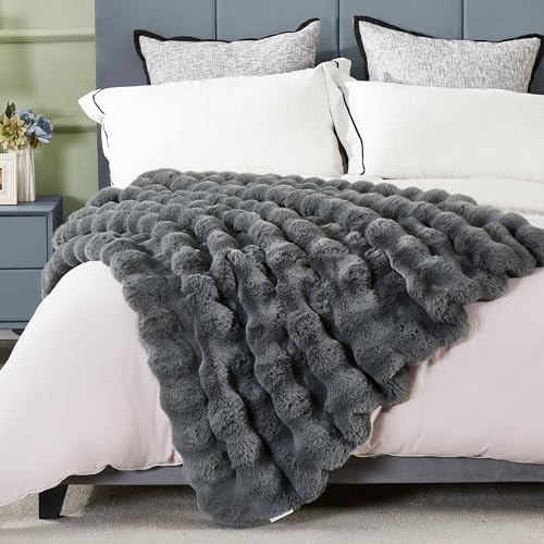 JONIYEAR Solid Thick Fuzzy Bubble Faux Rabbit Fur Blanket Twin Size