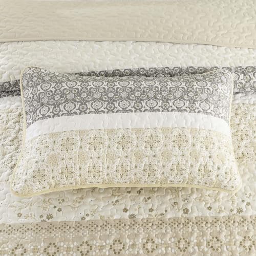 WONGS BEDDING Boho Quilt Set Queen,3 Pcs Beige Floral Striped