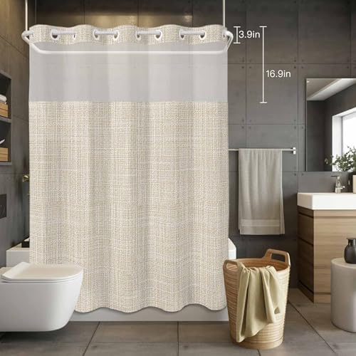 Neutral Tan Linen Weave No Hook Shower Curtain with Snap in Liner