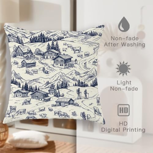 Mountain Throw Pillow Covers Set of 2, Rustic Scenic Cattle House Fall