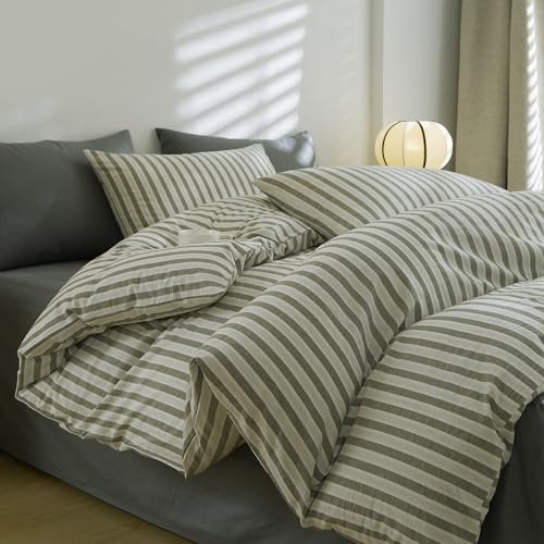 LifeTB Grey Striped Duvet Cover Set King, 100% Washed Cotton White