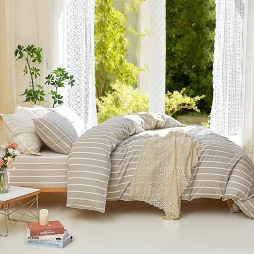 DONEUS Striped Duvet Cover Set 100% Washed Cotton Linen Like Queen