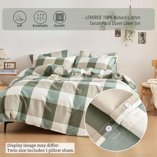Sage Olive & Oatmeal Neutral Plaid Cotton Duvet Cover Set Twin Size
