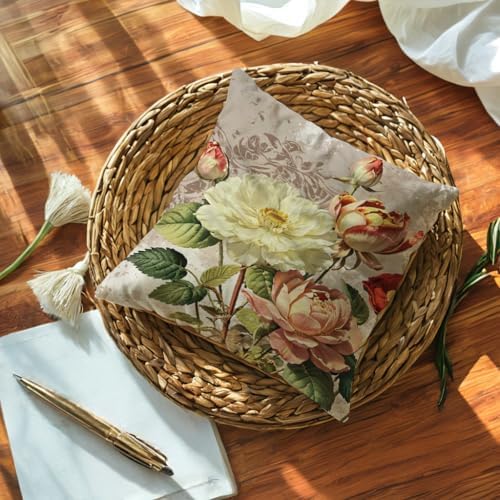 Vintage Rose Flower Throw Pillow Covers Set of 2 Shabby Chic Red